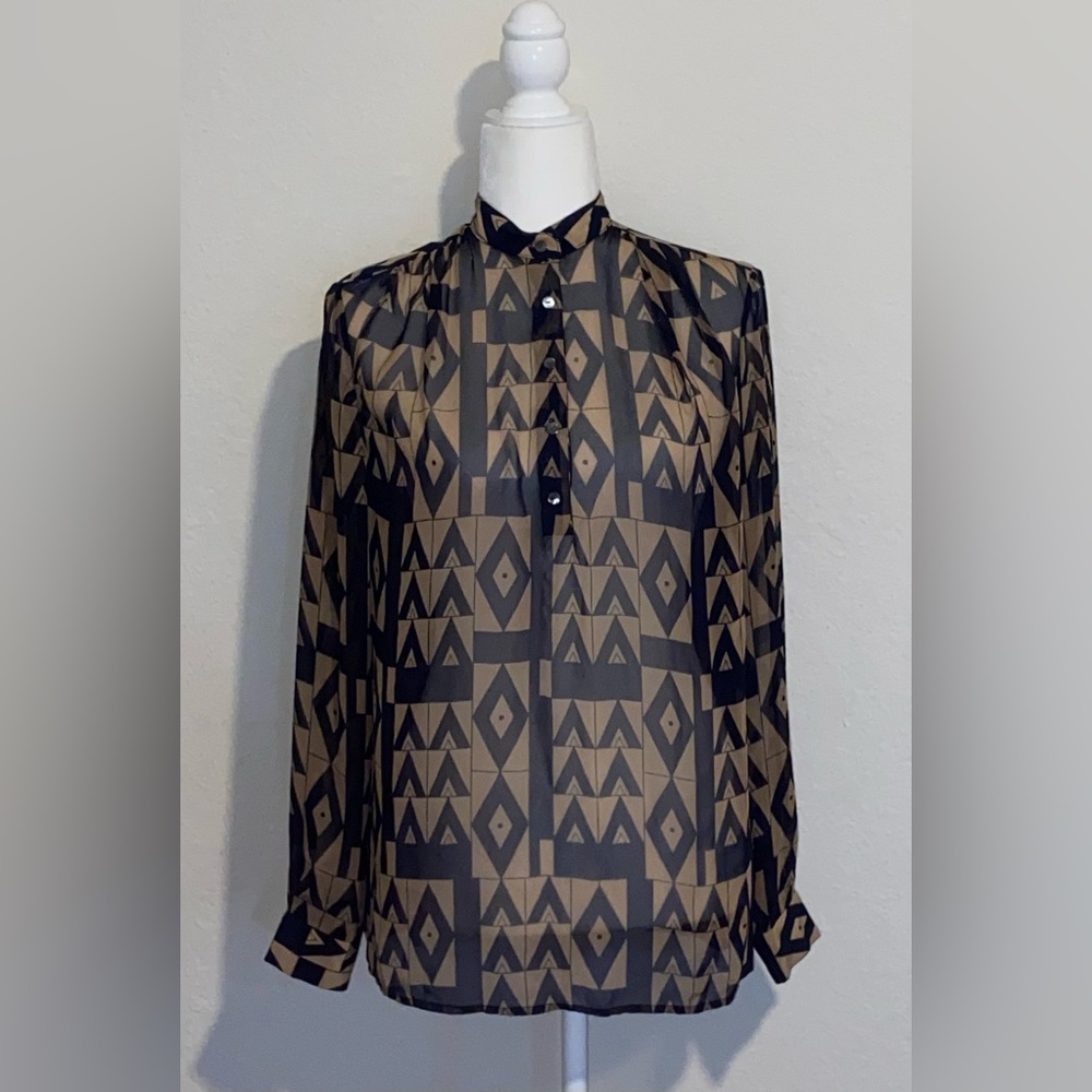 Zoa New York Anthropologie Blue Tan Sheer Geometric Print Long-Sleeve Small